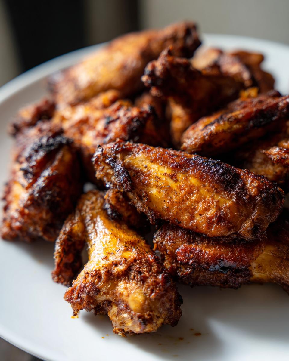 Close-up of crispy, baked Jamaican jerk chicken wings piled on a white plate.