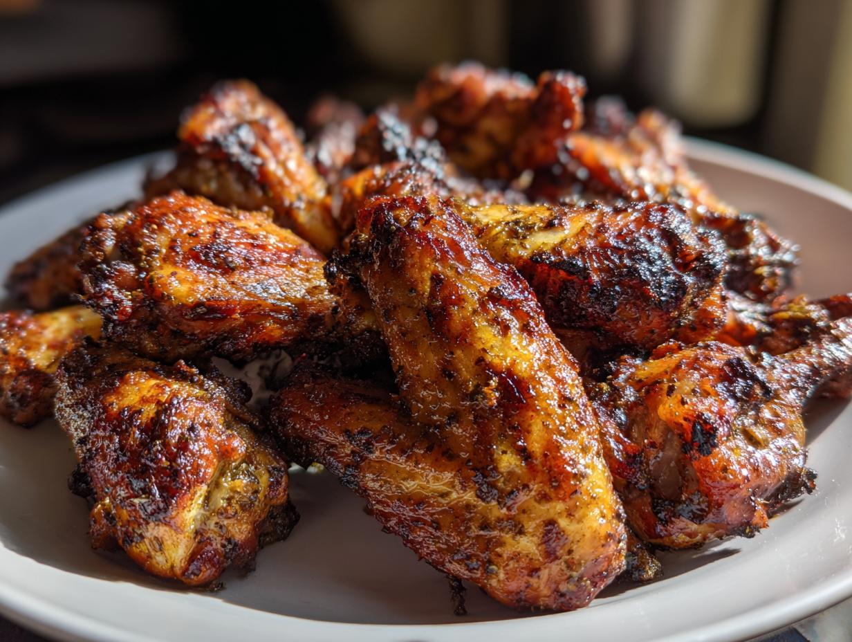 Close-up of crispy, glazed Jamaican Jerk Chicken wings piled high on a white plate.
