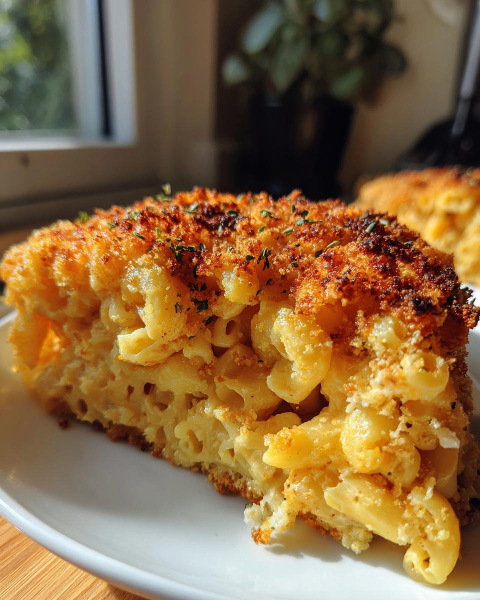 A thick slice of creamy baked mac and cheese recipe with a golden, crispy breadcrumb topping.