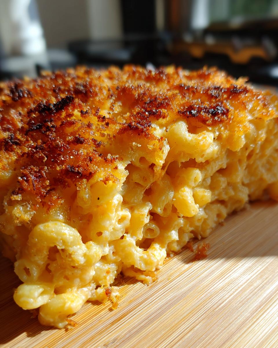 Close-up of a thick slice of baked mac and cheese recipe showing creamy pasta and a dark, crispy breadcrumb topping.