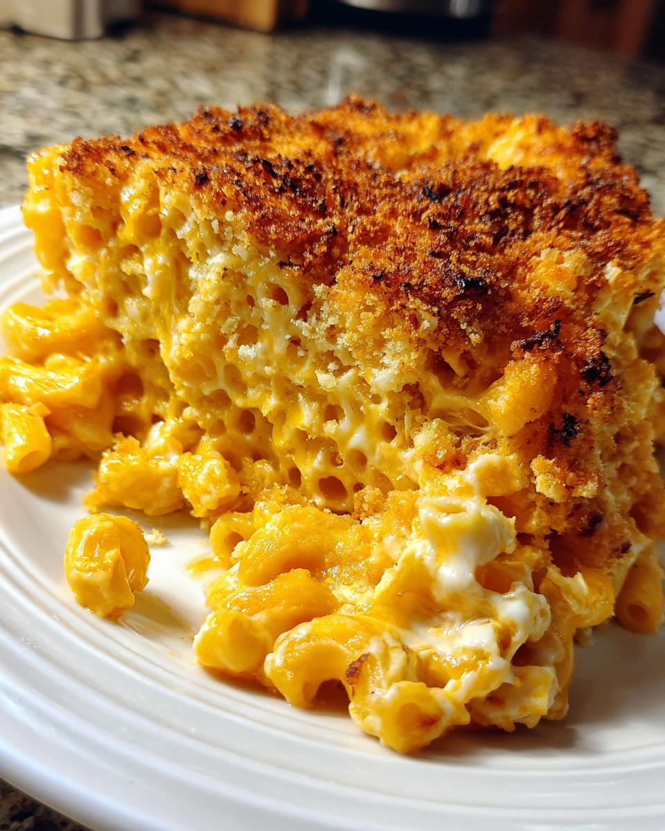 A generous serving of creamy baked mac and cheese recipe with a dark, crispy breadcrumb topping on a white plate.