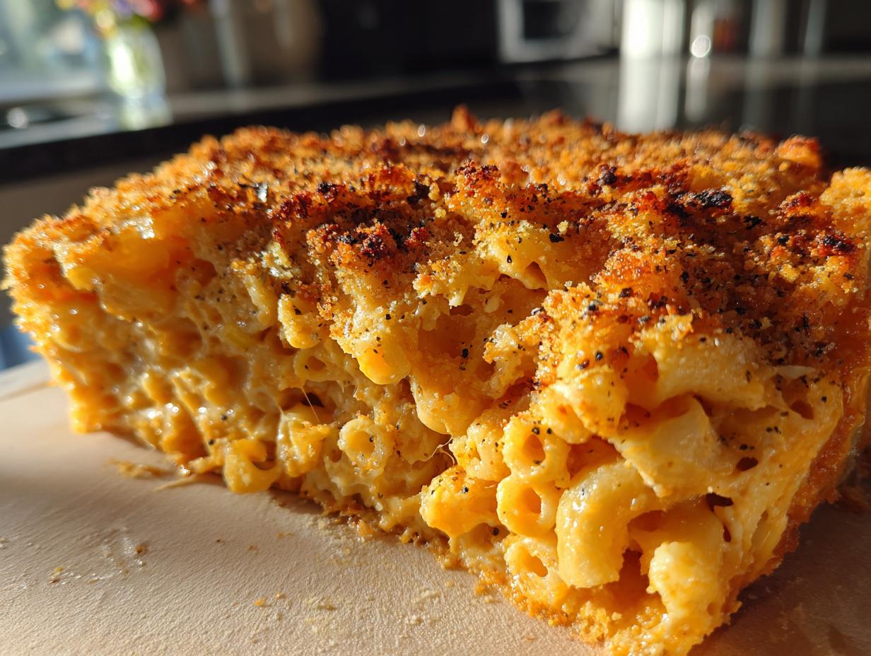 Close-up of a rich, creamy slice of baked mac and cheese recipe with a golden, crispy breadcrumb topping.