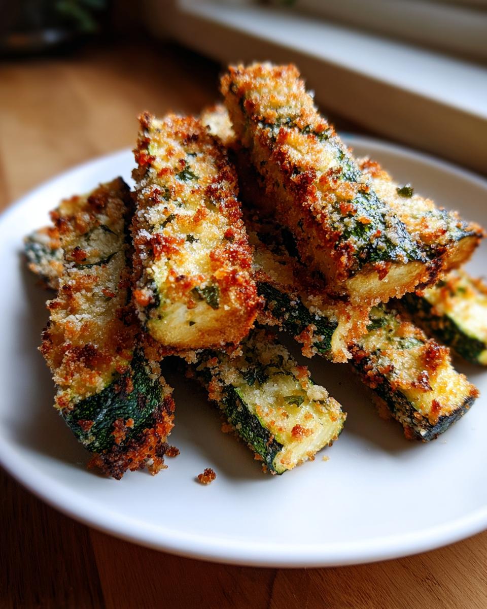 Close-up of crispy, golden brown baked parmesan zucchini sticks stacked on a white plate.