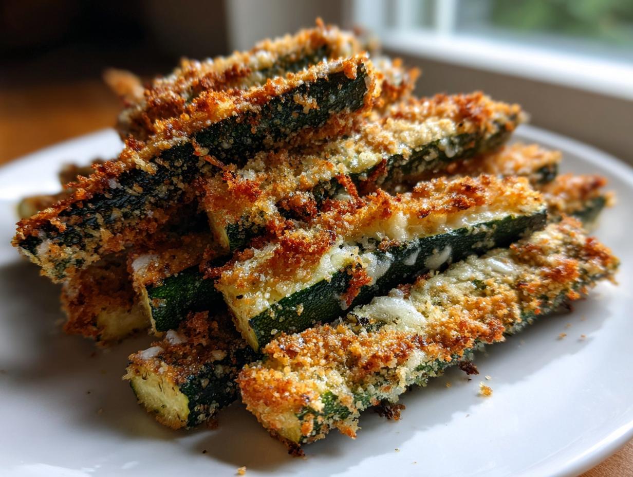 A pile of crispy, golden brown baked parmesan zucchini sticks served on a white plate.
