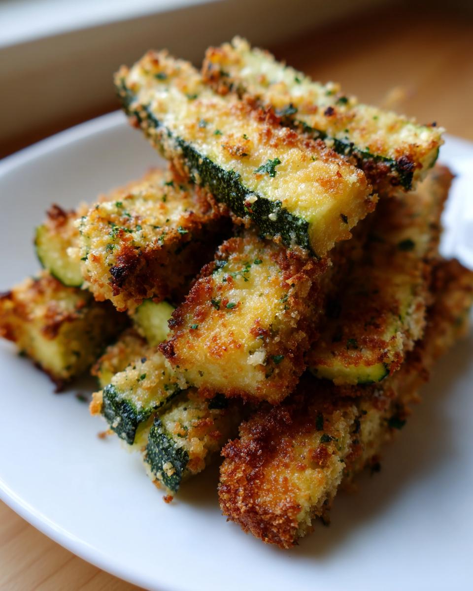 A close-up stack of golden brown baked parmesan zucchini sticks sprinkled with parsley on a white plate.