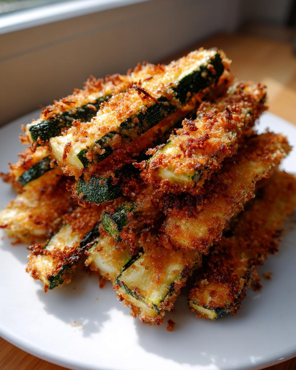 A stack of crispy, golden brown baked parmesan zucchini sticks piled high on a white plate.