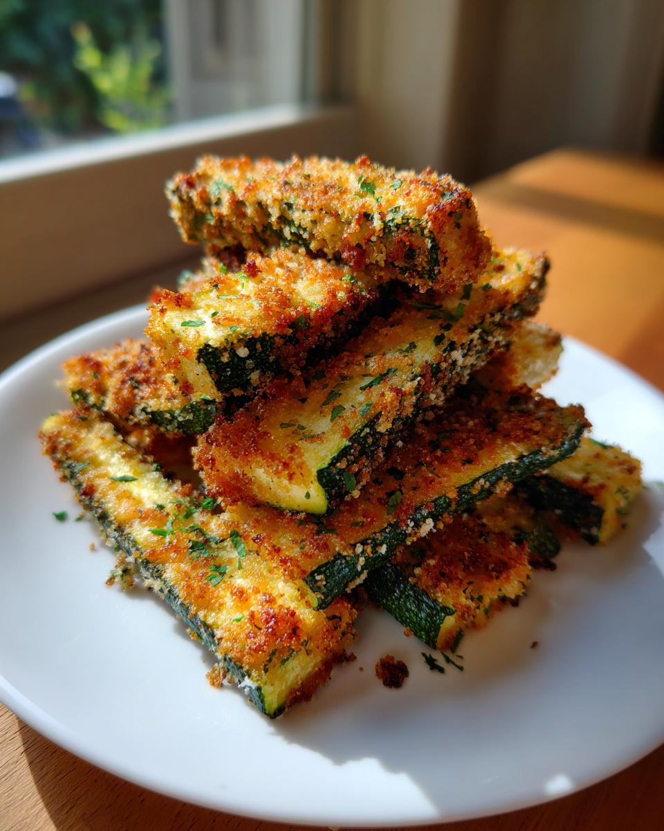 A stack of golden brown, crispy baked parmesan zucchini sticks garnished with parsley on a white plate.