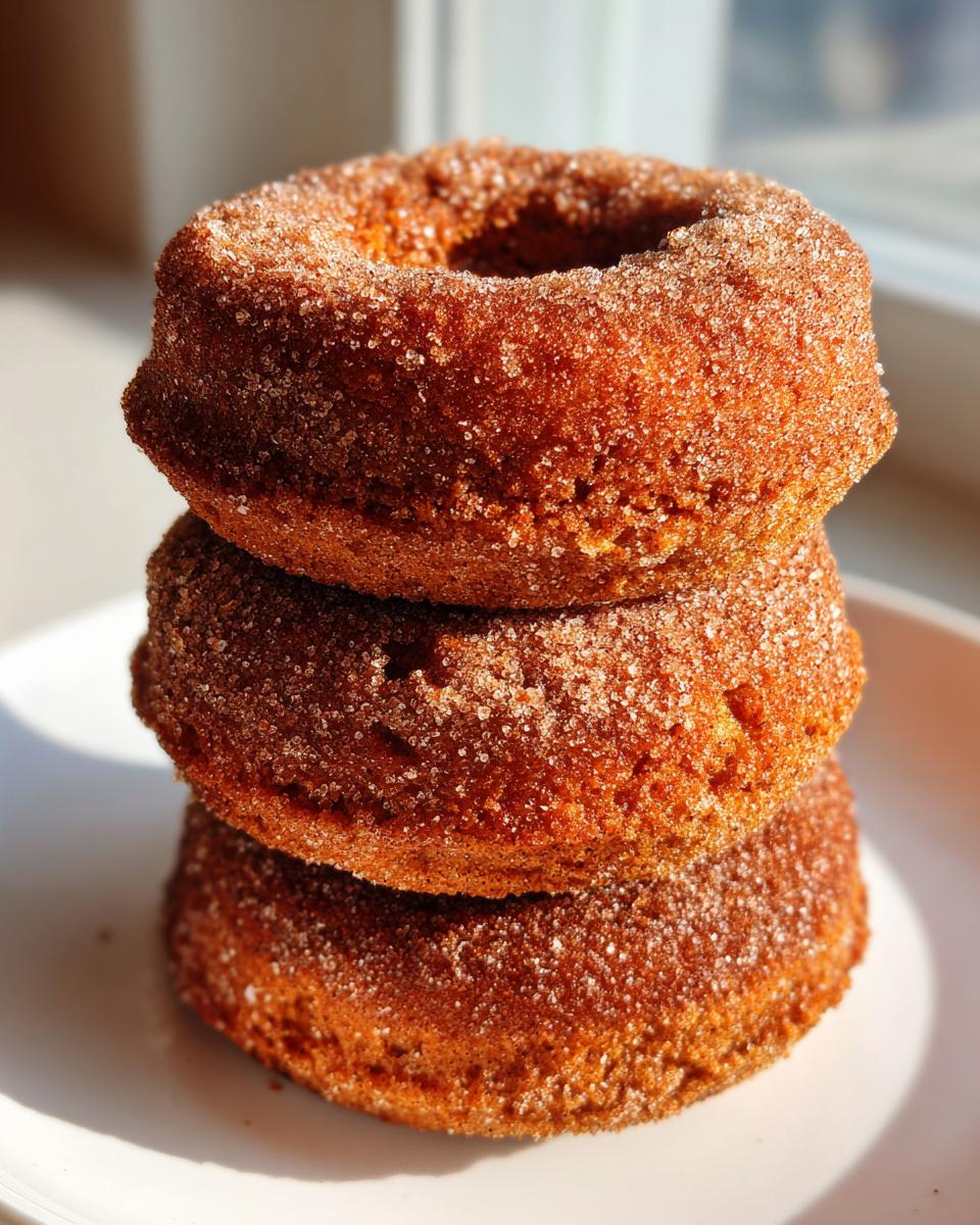 Three delicious baked pumpkin donuts stacked on a white plate, coated in cinnamon sugar.