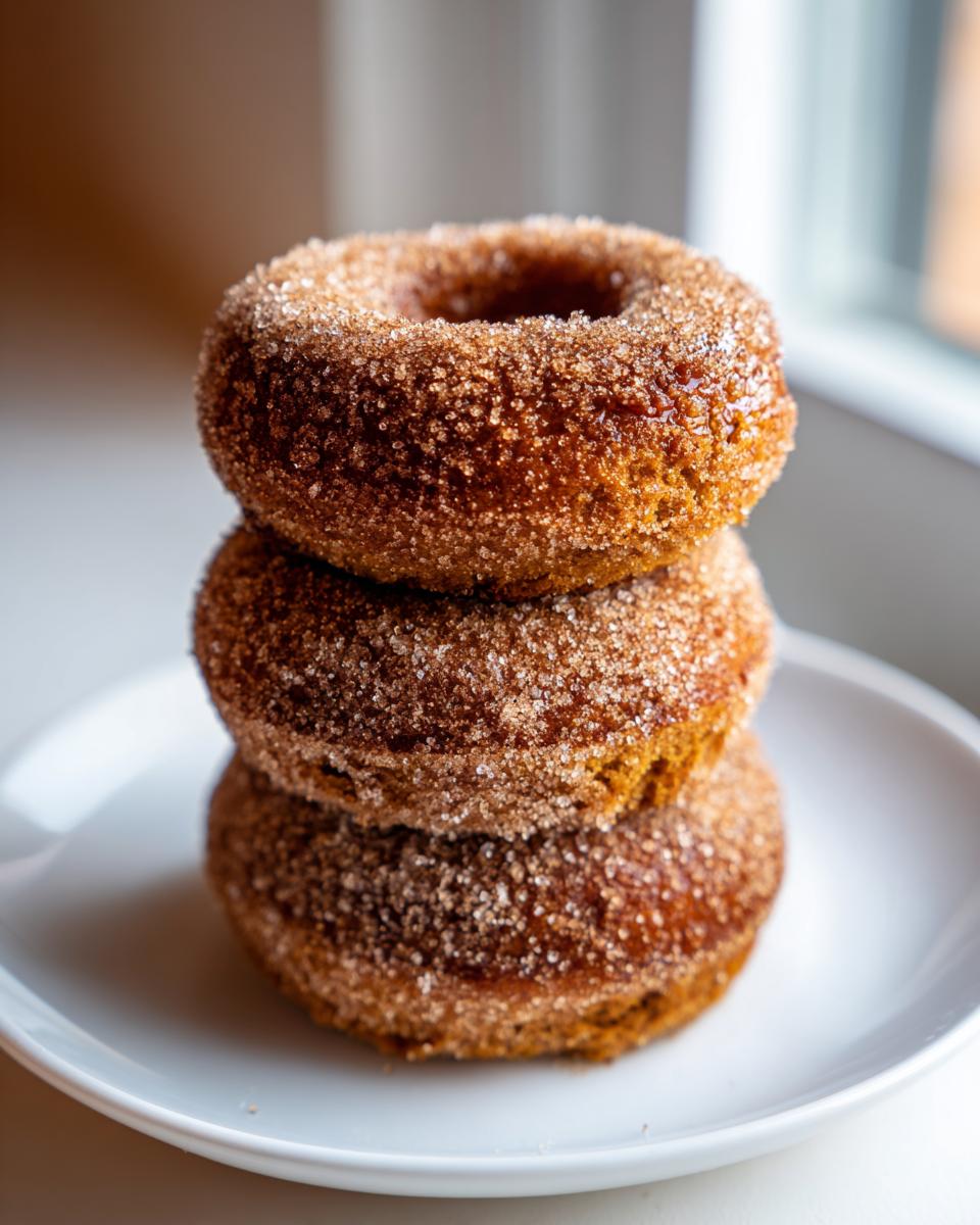 Three delicious baked pumpkin donuts stacked on a white plate, coated in cinnamon sugar.