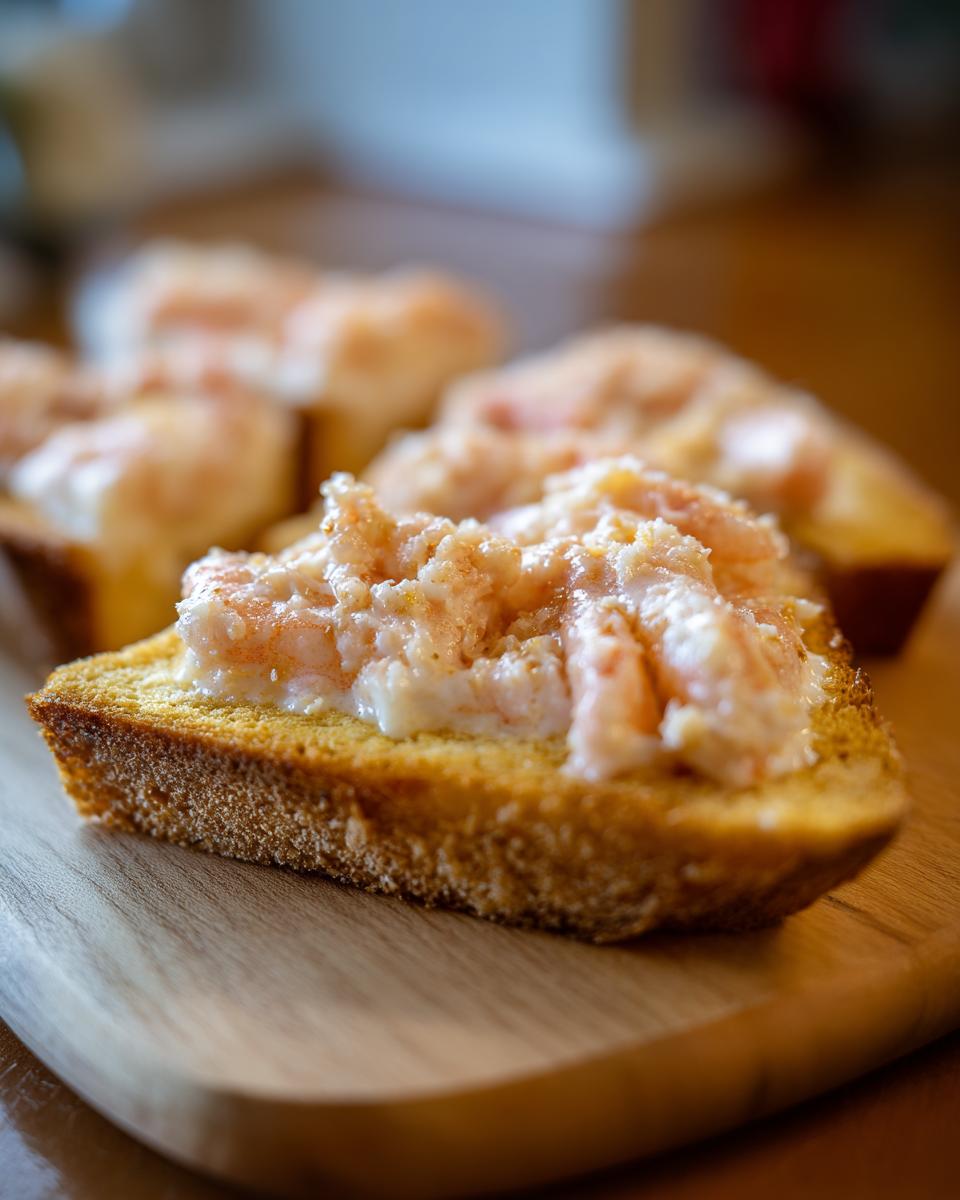 A close-up shot of a piece of golden baked shrimp toast topped with a creamy shrimp mixture, resting on a wooden cutting board.
