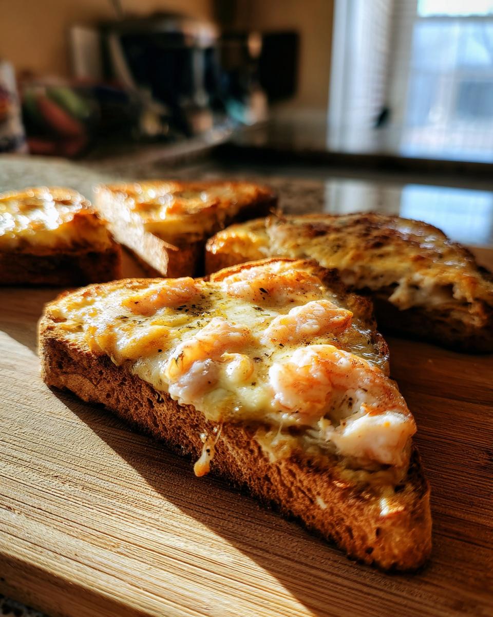 A close-up, sunlit slice of baked shrimp toast topped with melted cheese and visible shrimp pieces, resting on a wooden cutting board.