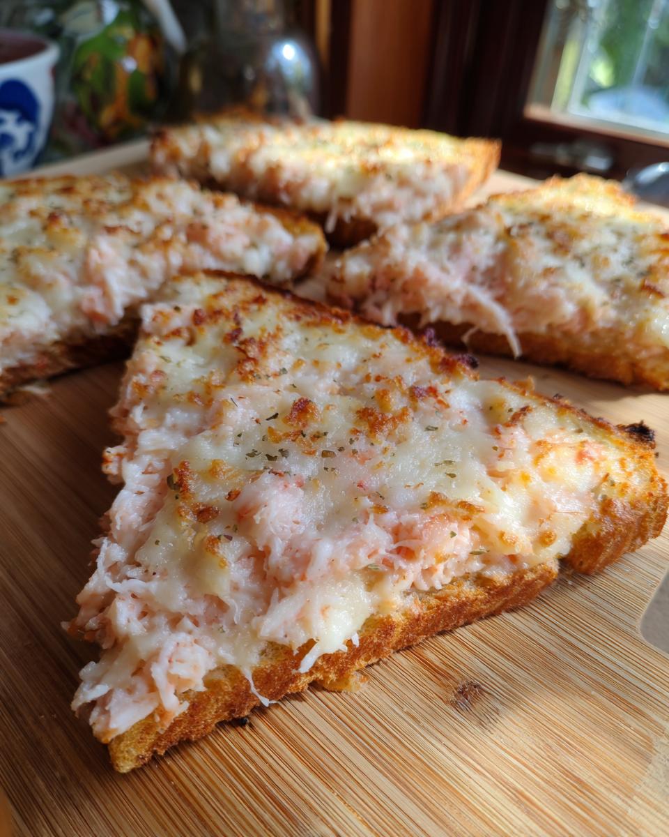 A close-up of a slice of baked shrimp toast topped with melted, slightly browned cheese and herbs.