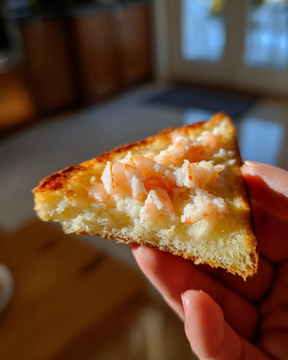 A hand holds a triangular piece of golden baked shrimp toast topped with finely chopped shrimp.