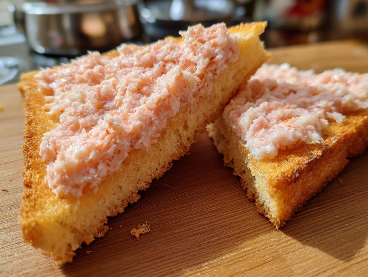 Two triangular pieces of baked shrimp toast with pink shrimp spread resting on a wooden cutting board.
