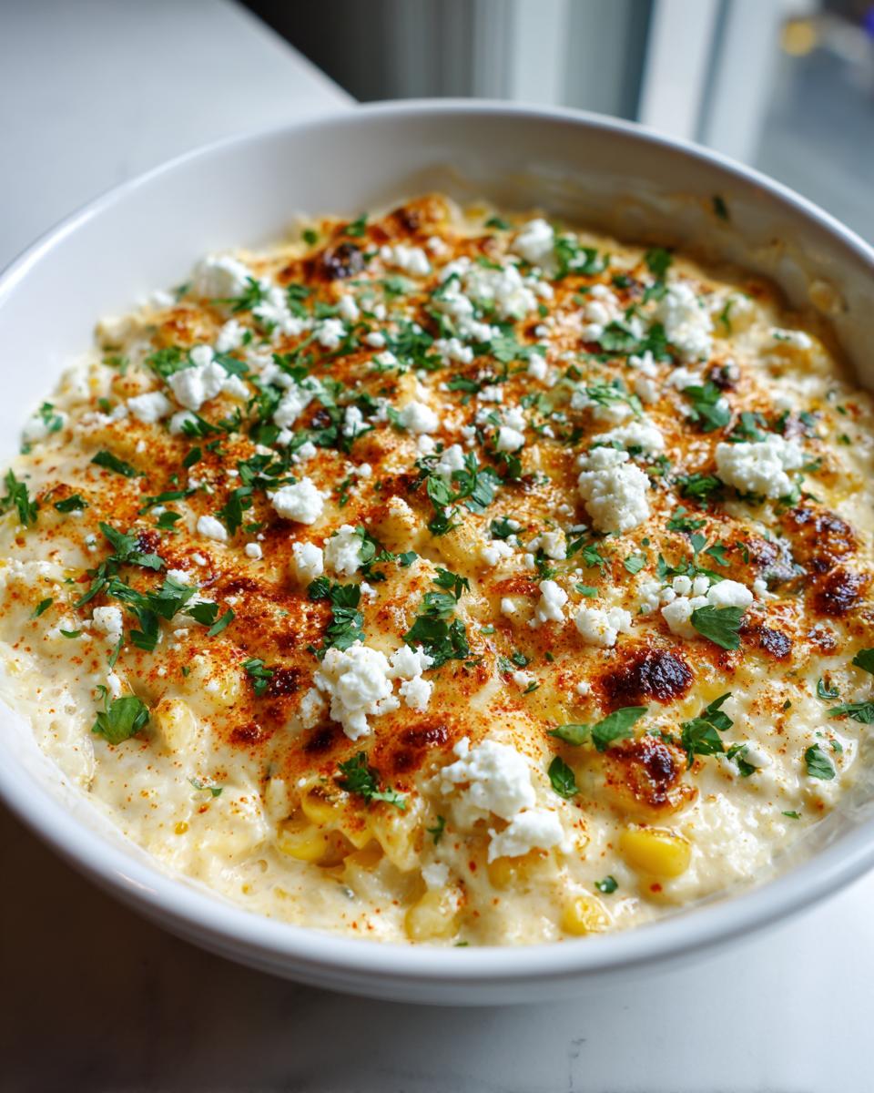 Close-up of a creamy, baked street corn dip topped with cotija cheese crumbles, paprika, and fresh cilantro.