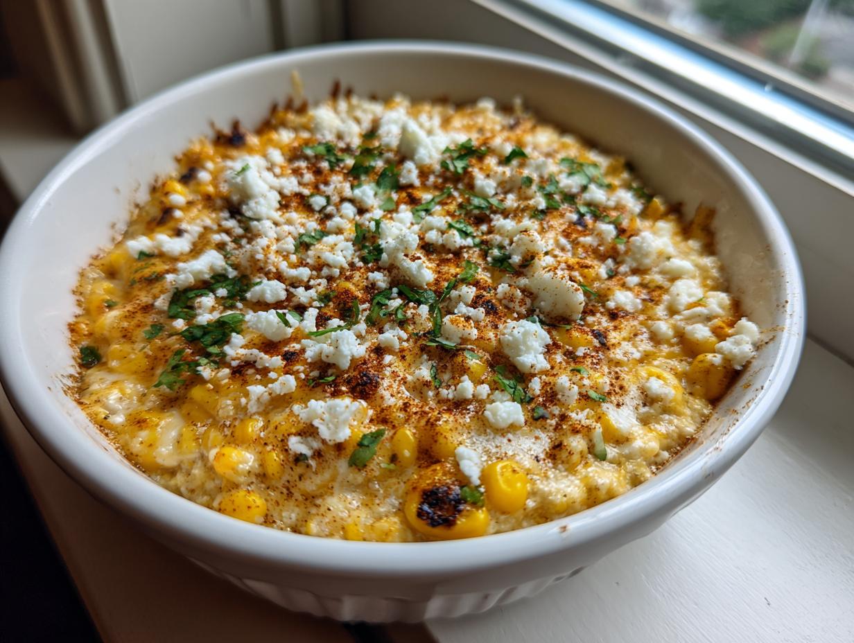 A close-up of hot, baked street corn dip in a white bowl, topped with crumbled cotija cheese and chili powder.