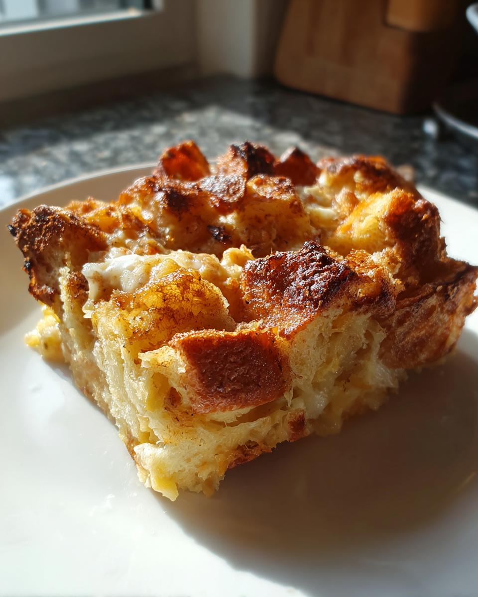 A close-up, sunlit photo of a square slice of golden brown, baked bread stuffing on a white plate.