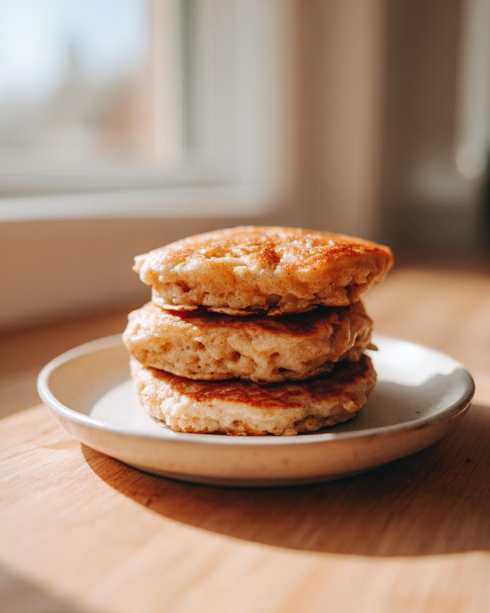 A stack of three golden brown banana oatmeal pancakes served on a small white plate.