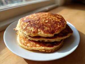 A stack of three golden-brown banana oatmeal pancakes drizzled with syrup, sitting on a white plate.