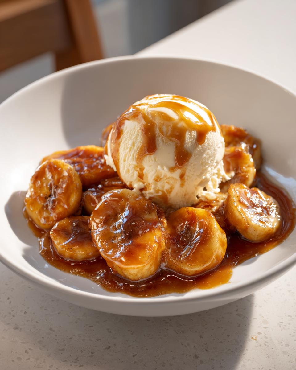 A scoop of vanilla ice cream drizzled with caramel sauce sits atop caramelized bananas in a white bowl, showcasing the Bananas Foster dessert.
