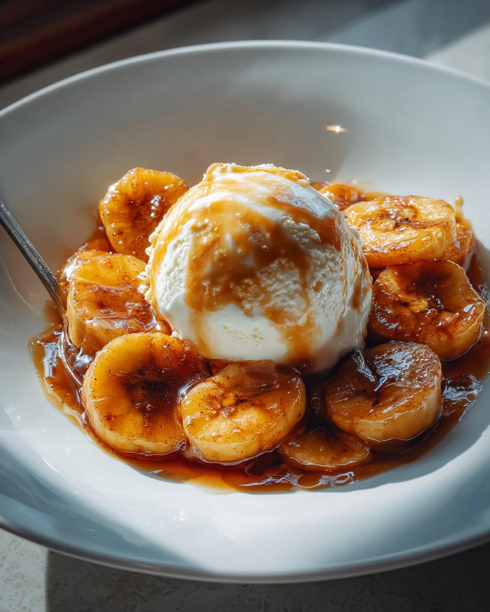 A scoop of vanilla ice cream topped with caramel sauce surrounded by caramelized bananas in a white bowl, perfect for Bananas Foster.