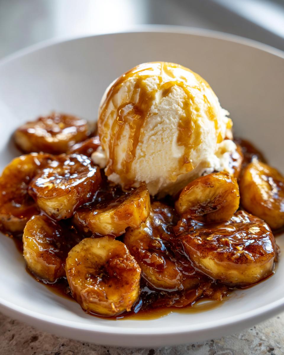 Close-up of caramelized bananas in rich sauce served with a scoop of vanilla ice cream, classic Bananas Foster dessert.