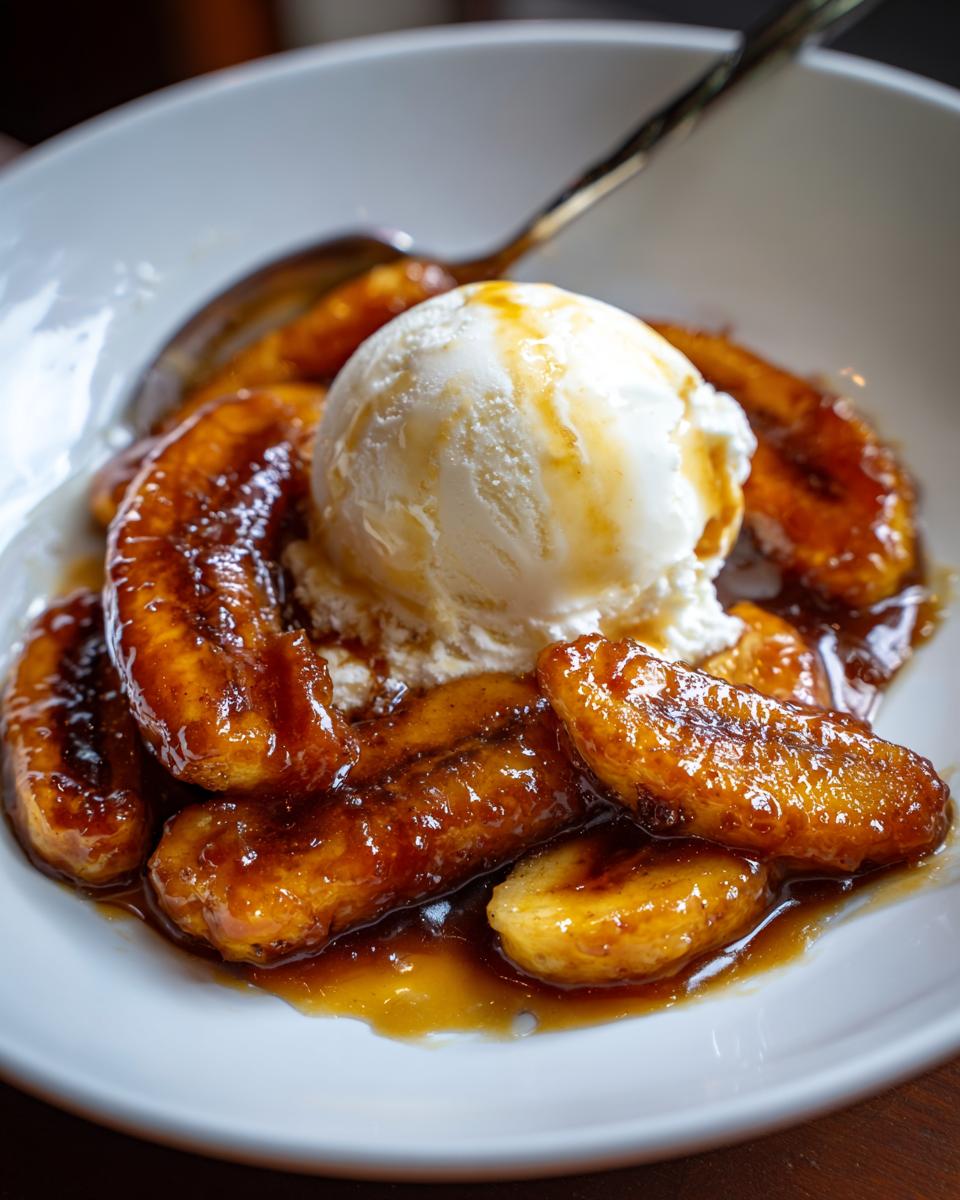 Close-up of warm, caramelized bananas foster topped with a scoop of vanilla ice cream in a white bowl.