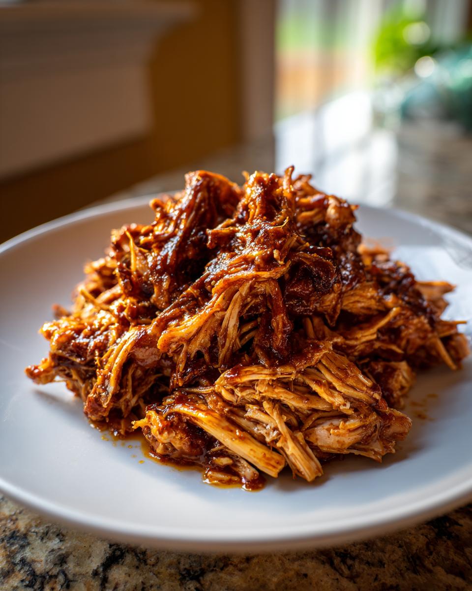 A close-up of saucy, shredded pulled chicken piled high on a white plate.
