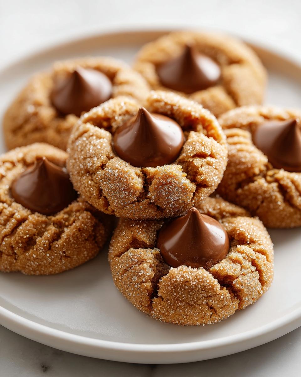 A close-up stack of freshly baked kiss cookies rolled in sugar with a chocolate kiss pressed into the center.