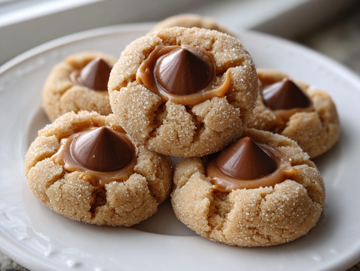 A stack of freshly baked kiss cookies, rolled in sugar, with a melted chocolate kiss center.