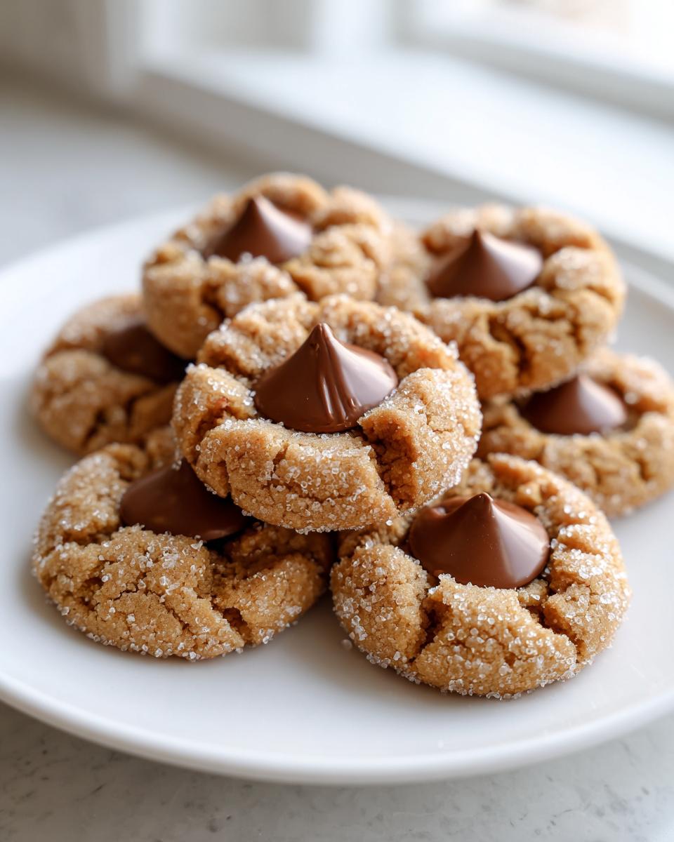 A stack of freshly baked kiss cookies, rolled in sugar and topped with a chocolate kiss, ready to eat.