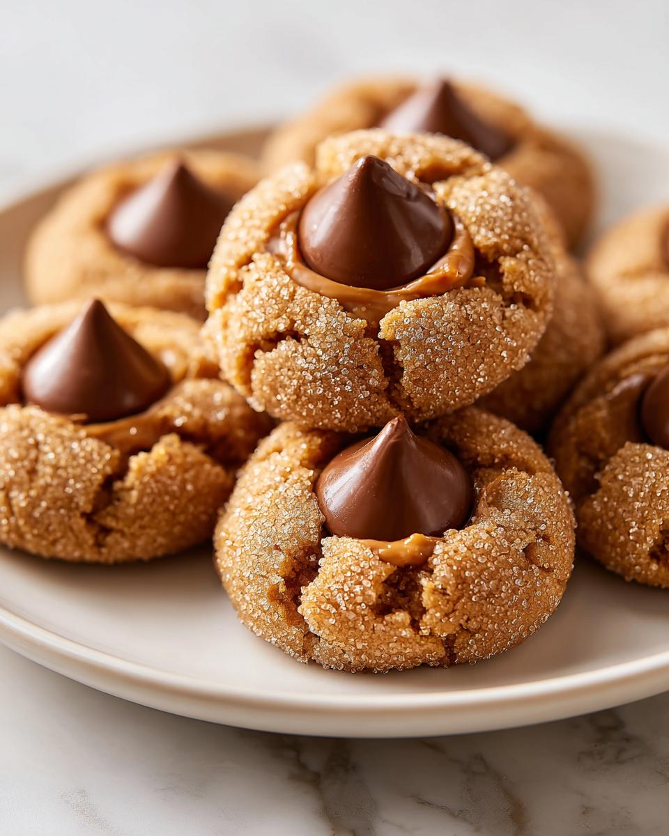 A close-up shot of several freshly baked kiss cookies, rolled in sugar, topped with a chocolate kiss.