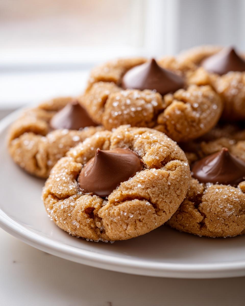 A close-up shot of several soft, sugar-coated kiss cookies topped with melted chocolate kisses.