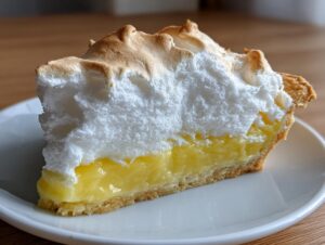 A perfect slice of lemon meringue pie showing a thick layer of bright yellow lemon curd and towering, toasted meringue.
