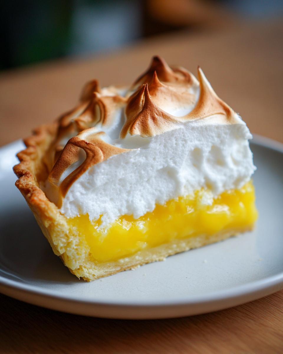 Close-up of a perfect slice of lemon meringue pie showing bright yellow curd, flaky crust, and torched meringue peaks.