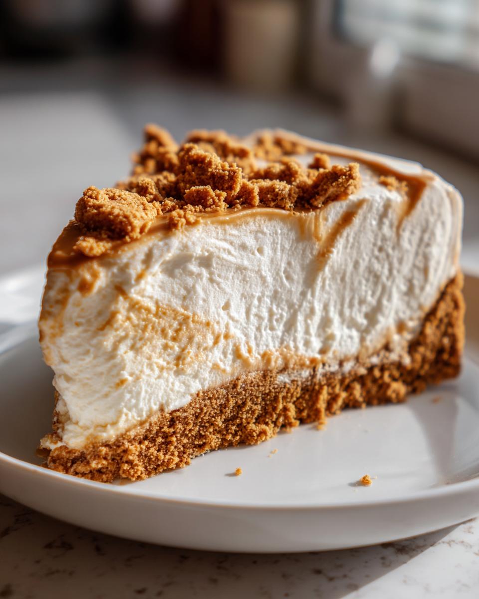 A close-up of a thick slice of creamy biscoff cheesecake with a thick crust and crumbled topping.
