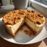 A whole biscoff cheesecake with a slice removed, showing the creamy filling and thick crumb crust and topping.