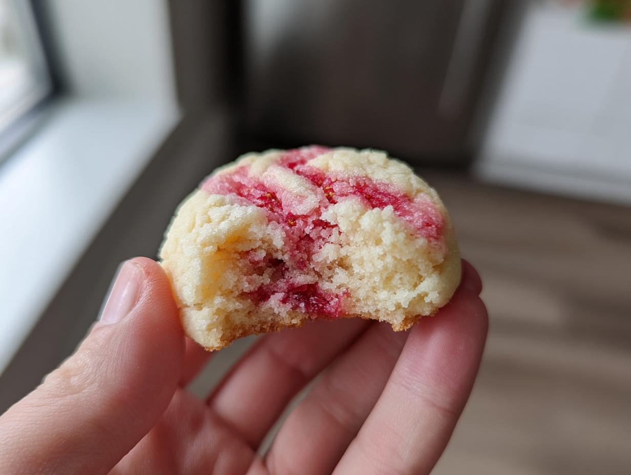 Close-up of a hand holding a bitten strawberry cheesecake cookie, showing the soft, creamy interior with pink swirls.