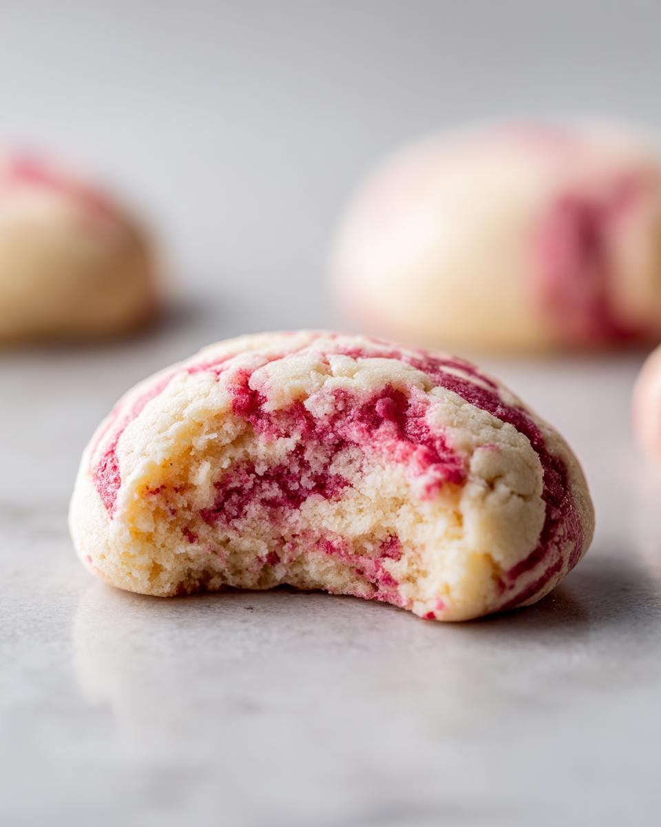 Close-up of a soft strawberry cheesecake cookies with a bite taken out, showing the marbled pink and white interior.