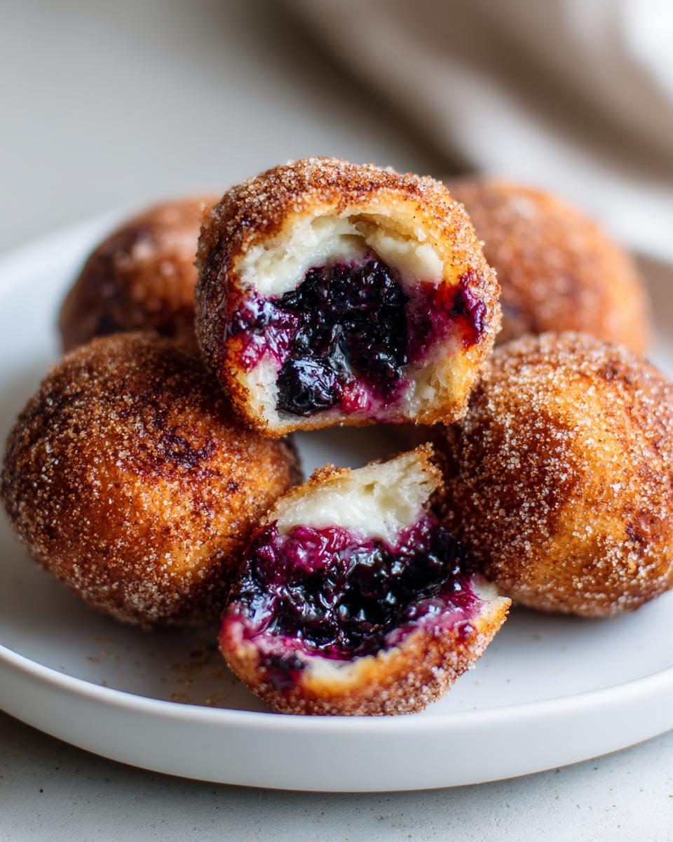 Close-up of golden fried Blueberry Pie Bombs coated in cinnamon sugar, one cut open showing the warm blueberry filling.
