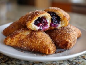 A stack of golden-brown Blueberry Pie Bombs coated in cinnamon sugar, one is cut open showing the blueberry filling.