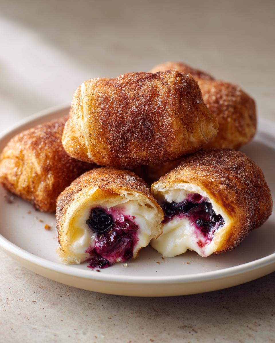 A stack of golden, cinnamon-sugar coated Blueberry Pie Bombs, one cut open revealing creamy filling and rich blueberry preserves.