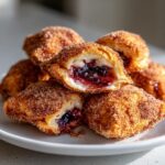 A stack of golden-brown Blueberry Pie Bombs coated in cinnamon sugar, one cut open showing the creamy filling and blueberry center.