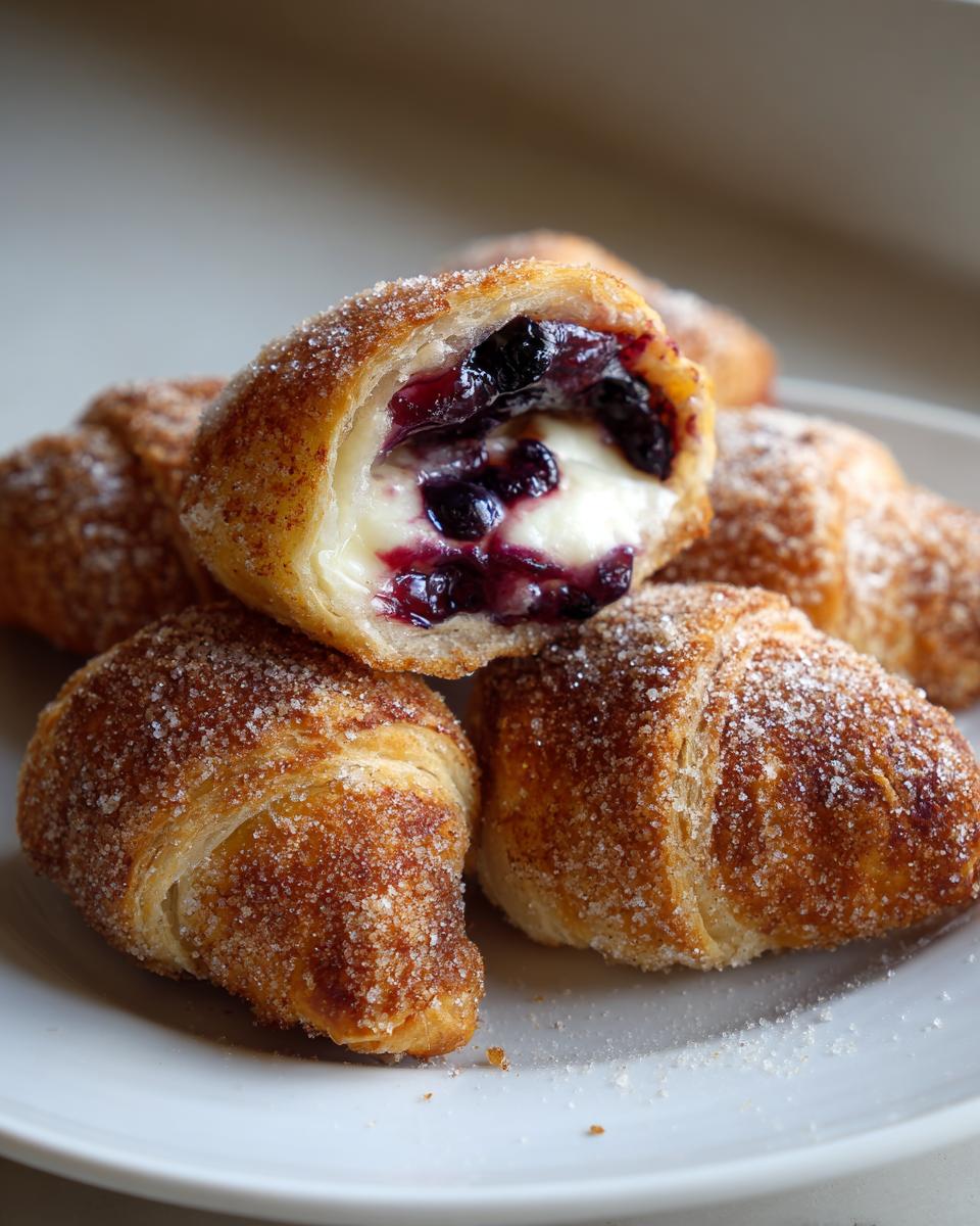 Close-up of Blueberry Pie Bombs, one cut open showing creamy filling and blueberry jam, coated in cinnamon sugar.