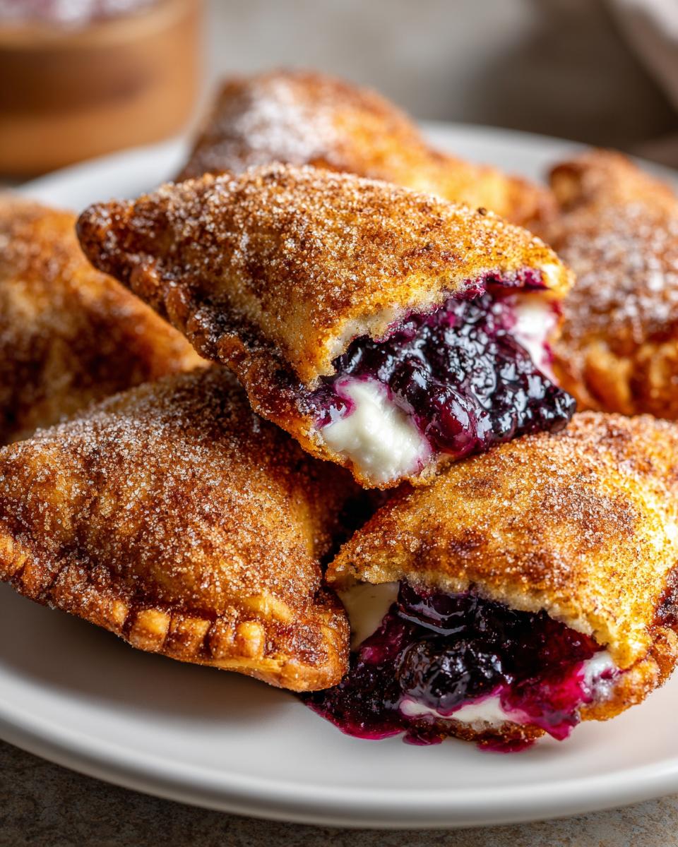 Close-up of golden, sugar-coated Blueberry Pie Bombs, one cut open showing oozing blueberry filling and cream cheese.
