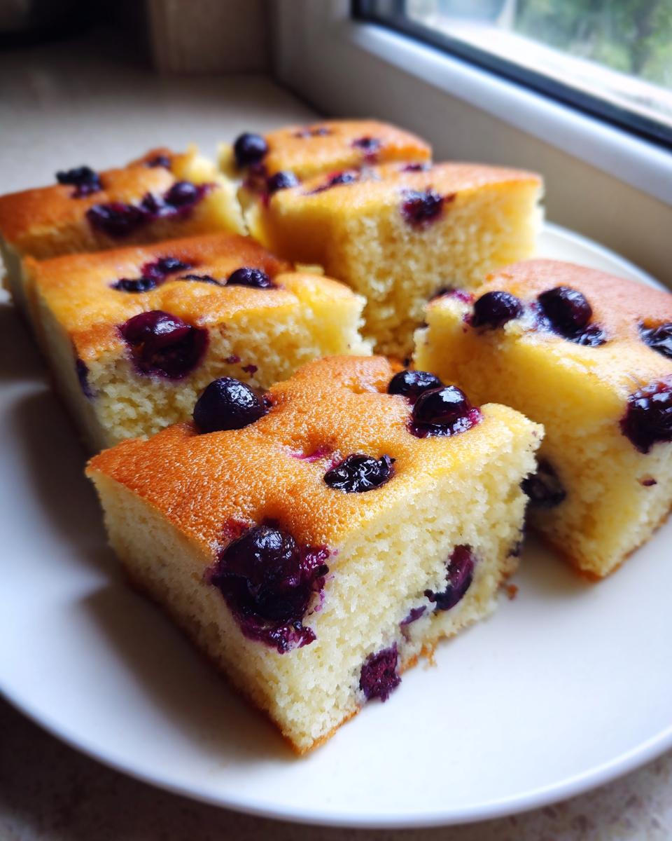 Close-up of golden baked sheet pan pancakes squares topped with blueberries, served on a white plate.