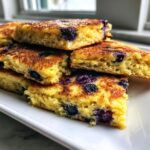 Stack of golden-brown, thick slices of blueberry sheet pan pancakes on a white plate.
