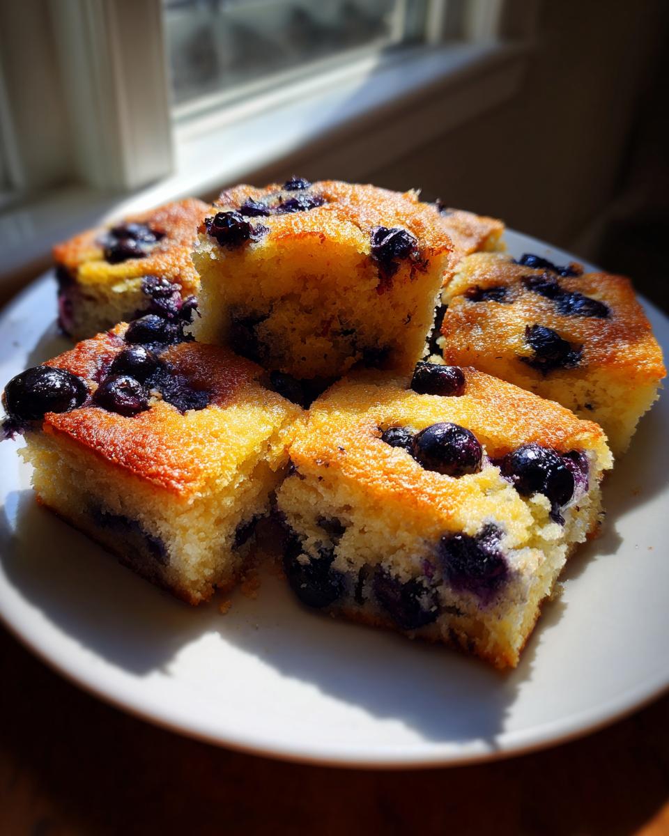 Close-up of square slices of blueberry sheet pan pancakes with golden tops on a white plate.