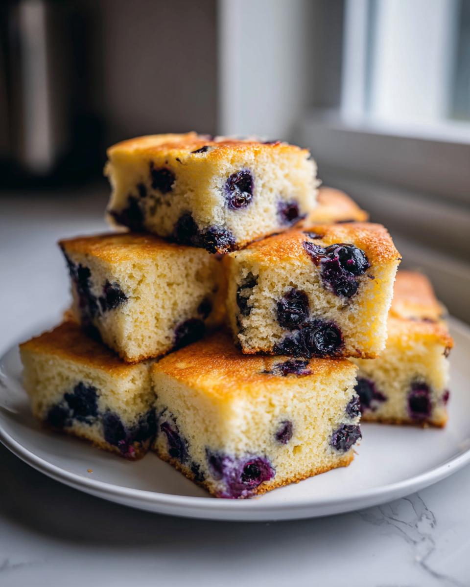 Stack of golden blueberry sheet pan pancakes cut into squares, served on a white plate.