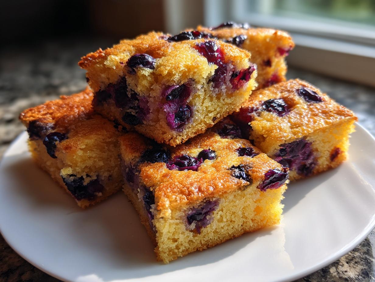 Stack of golden blueberry sheet pan pancakes cut into squares, showing moist interior and baked blueberries.